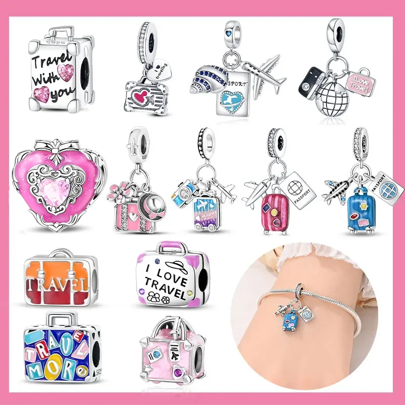 Silver 925 Travel Series Suitcase Camera Airplane Hat Charms Fit Original Snake Chain Bracelet DIY for Women Jewelry Making Gift