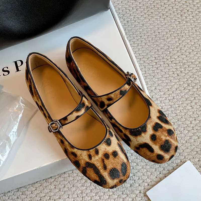 

MKKHOU Fashion Women's Shoes New High-Quality Horsehair Leopard Print Mary Janes Shoes Round Toe Flat Shoes Llightweight Shoes