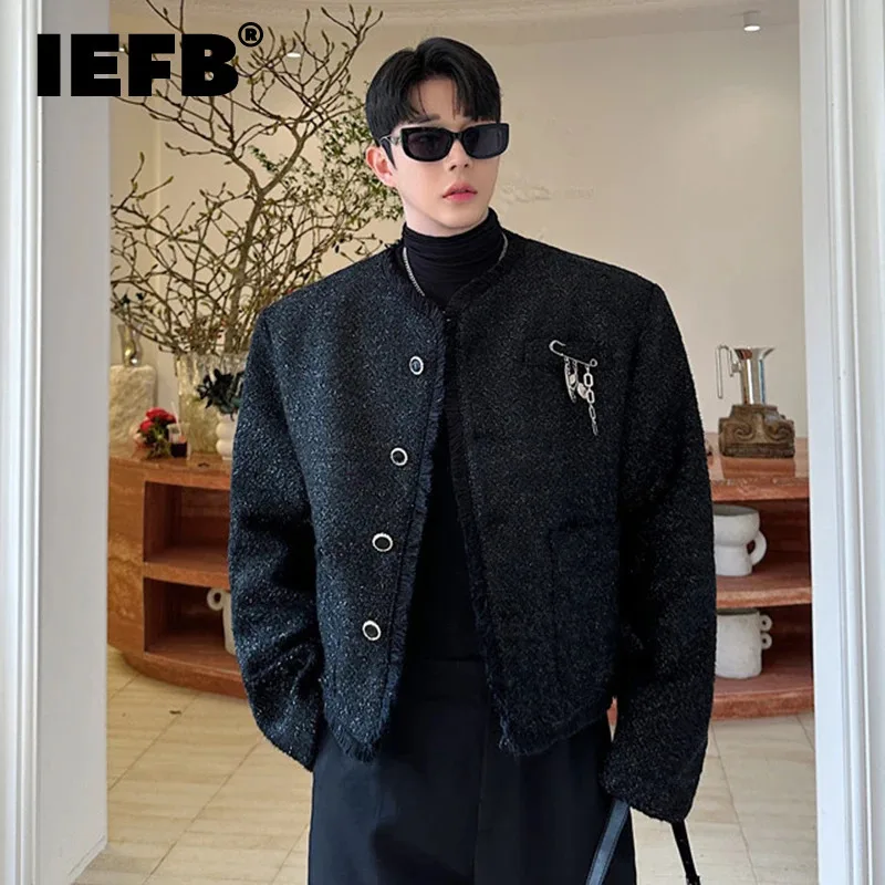 IEFB Korean Style Men\'s Jackets Collarless Tassel Metal Design Solid Color Single Breasted Loose Solid Color Male Coats 9C8432