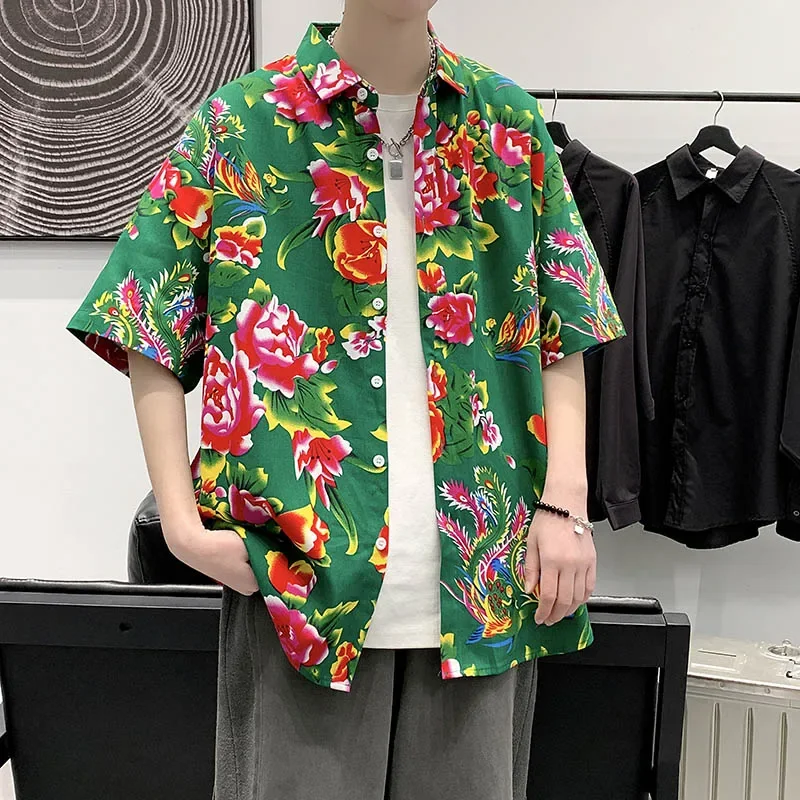 Japanese Men's Street Vintage Hawaiian Flower Shirt Men's Casual Short Sleeve Tops China Northeast Flower Coat Clothing