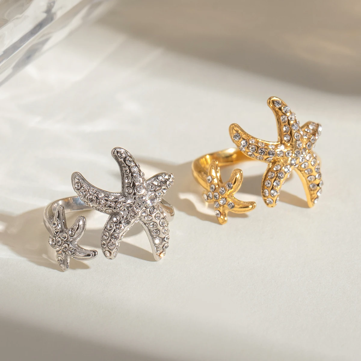 18K PVD Gold Plated Minimalist Rust Proof White Zirconia Starfish Ocean Opening Ring ​​​​Anti Allergic Women Waterproof Jewelry