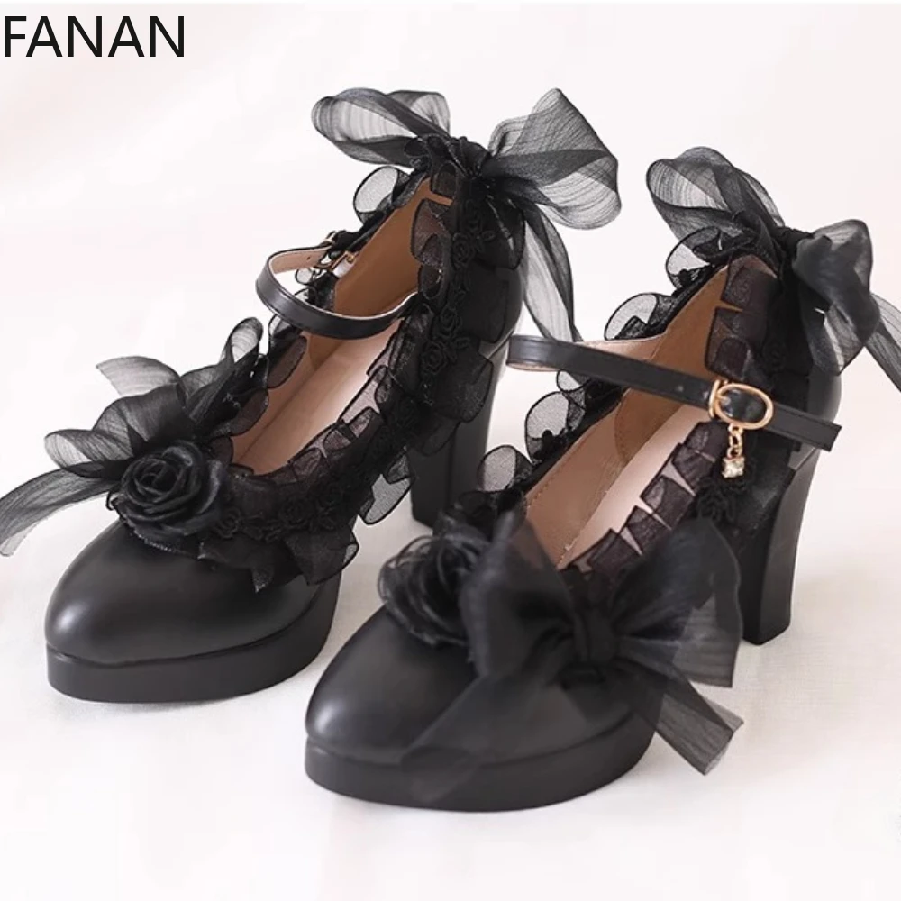 

Original Design Black Lolita High Heel Shoes Women's Lace Goth Platform Banquet Wedding Shoes Sweet Flat Pumps