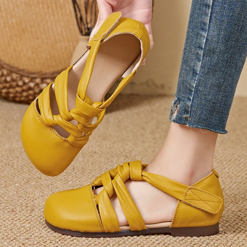 Women's Sandals Shoe Flat and Comfortable Romanstyle closedtoe sandals Women Genuine Leather Summer Hollow Out female Shoes