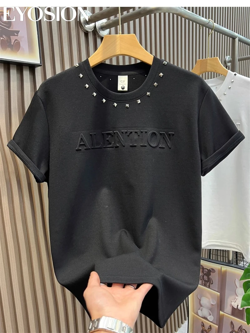 2024 New Men\'s T-shirt Summer Fashion Pure Cotton Rivet Steel Print Slim Fit Round Neck Short Sleeve Casual Shirt Plus Size