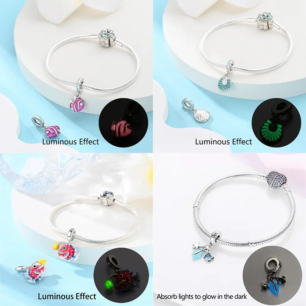 925 Silver Red Lantern Fish Sea Star Marine Shell Sea Snail Original  Charms Bead Fit Bracelet Diy Cute Gift Accessory Jewelry