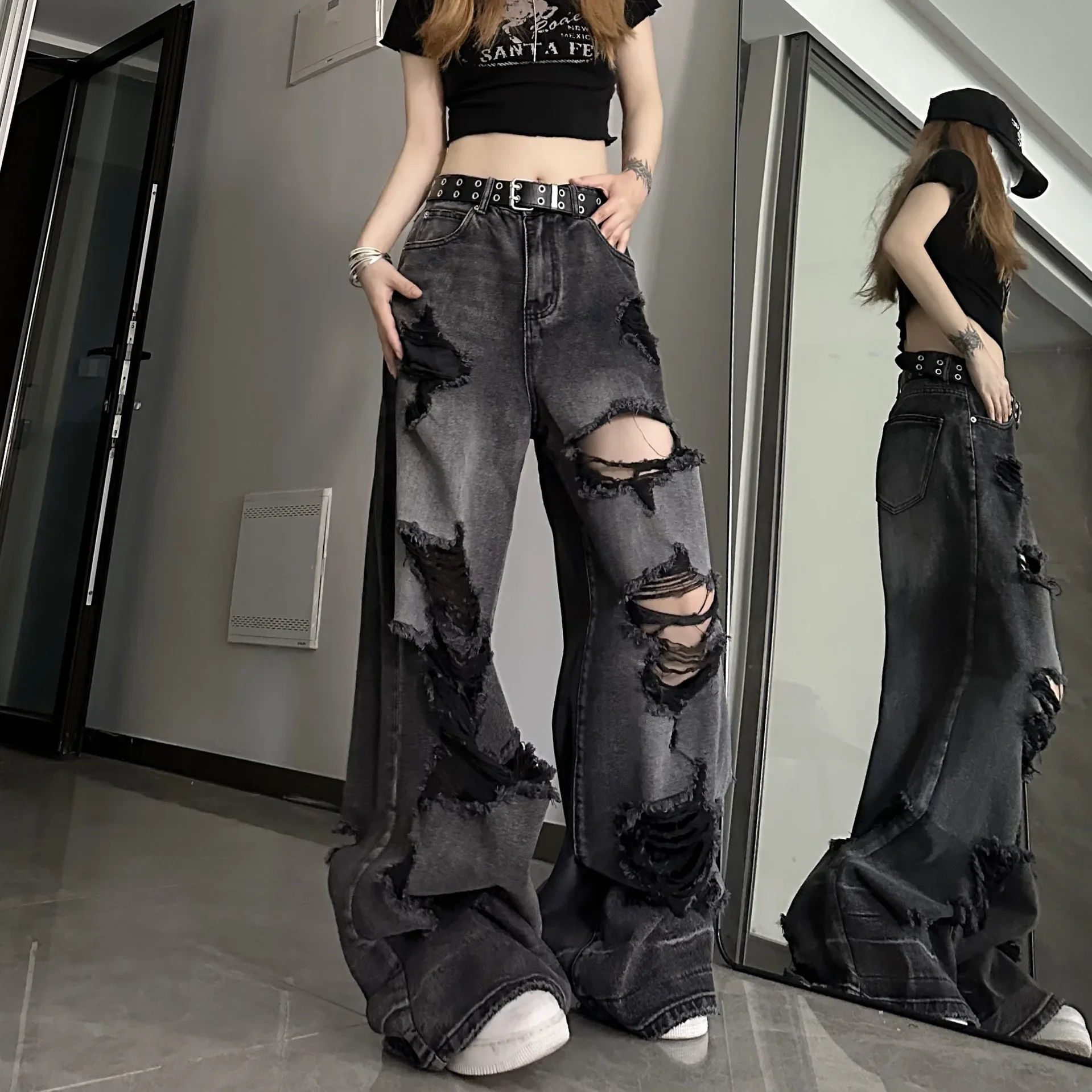 Black Y2k Ripped Jeans Women Harajuku Gothic Grunge Baggy Denim Pants Korean Streetwear Gyaru Trousers Kpop Hippie New