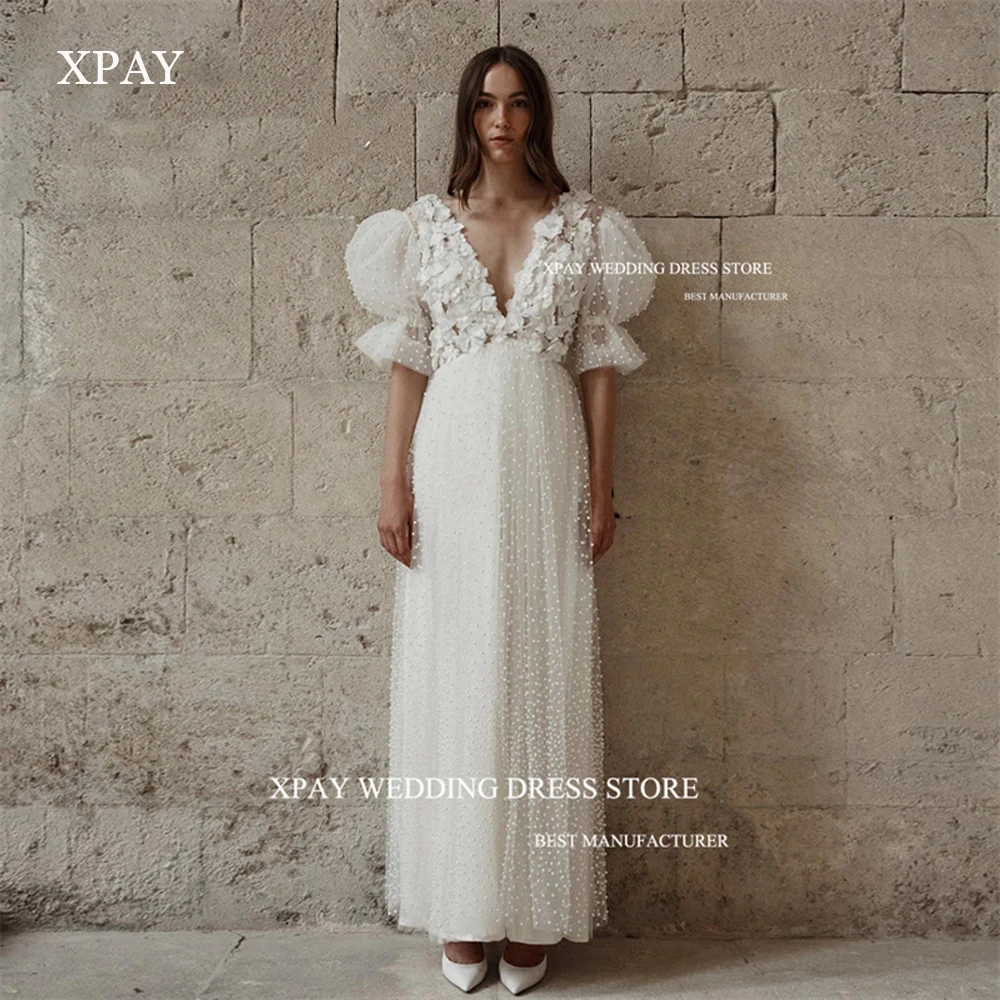 XPAY Princess Full Pearls A Line Wedding Dresses Flowerss Half Sleeves V Neck Ankle Length Country Bridal Gowns Customised