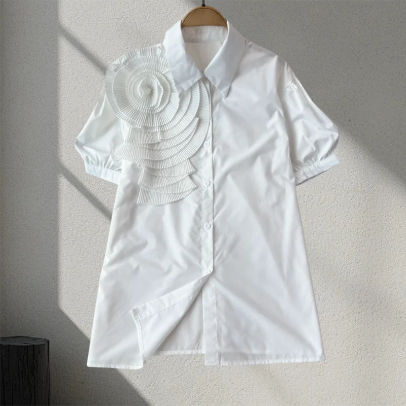 EWQ Summer Short Sleeves Shirt For Women Pleated 3D Floral Spliced Design Solid Color Tops Versatile 2024 New Clothing 27C706