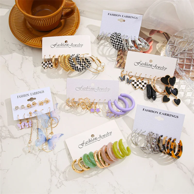 Colorful Earring Set For Women Butterfly Heart Circle Pearl Drop Earring Set Checkerboard Metal Long Tassel Party Jewelry