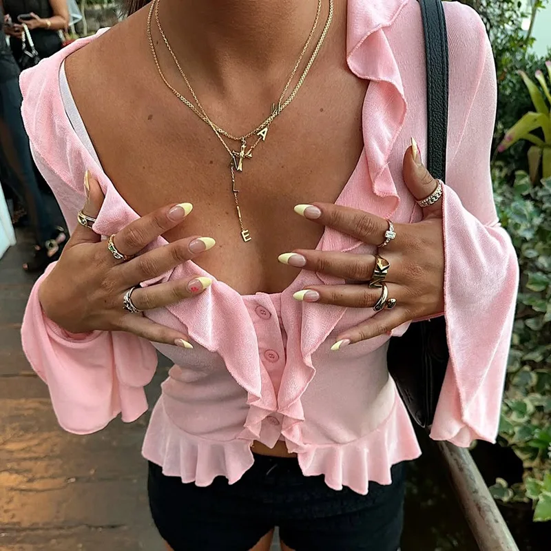 Talenza Ruffled V Neck T Shirt Women's Sexy Flared Long Sleeves Single Breasted Solid Top Female Fashion Holiday Party Top Women
