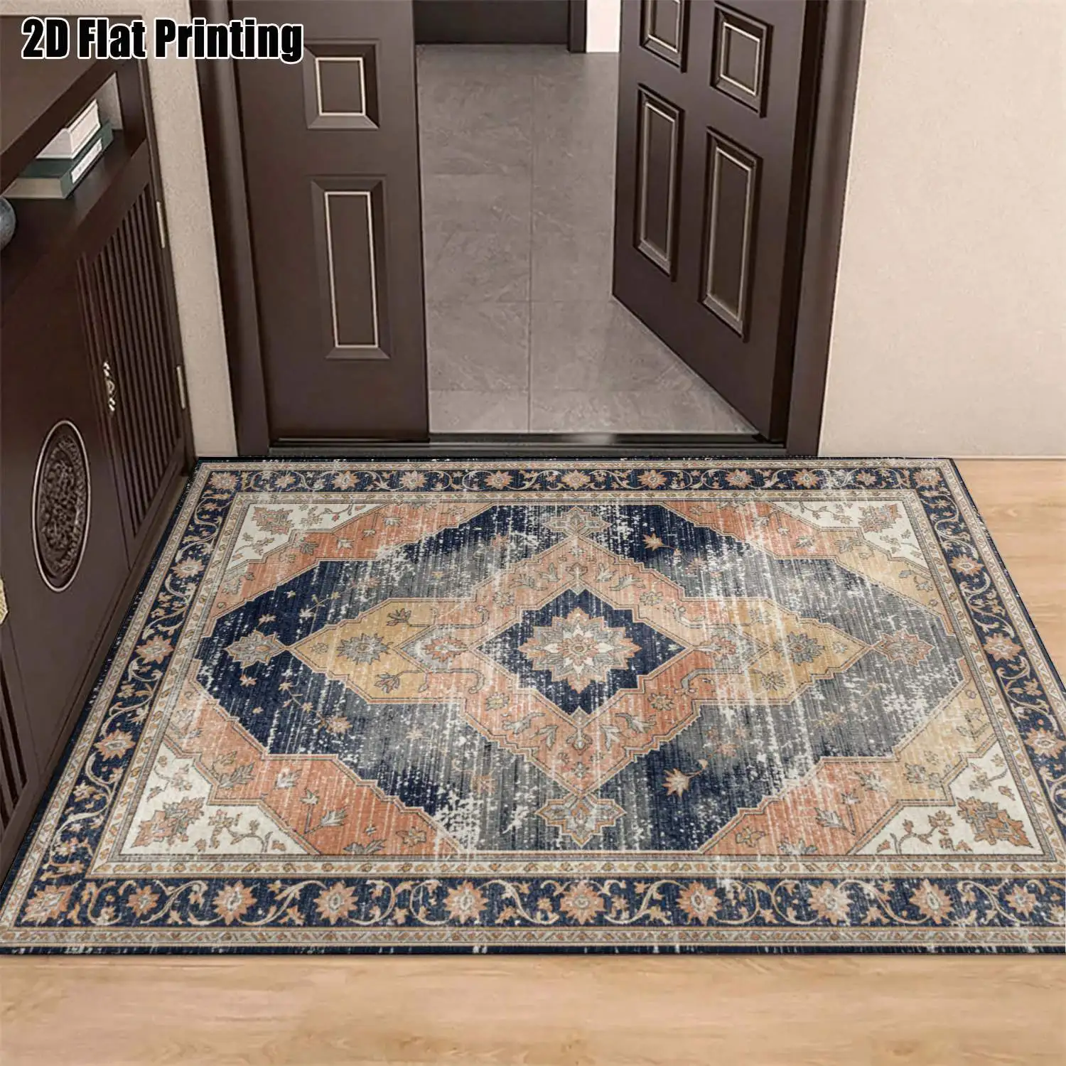 1Pc 2D Printed Carpet: Blue-Grey Geometric Retro Pattern, European Style Home Decor Rug, Machine Washable, Multi-Size for Living Room Bedroom Dining Room Entryway Study