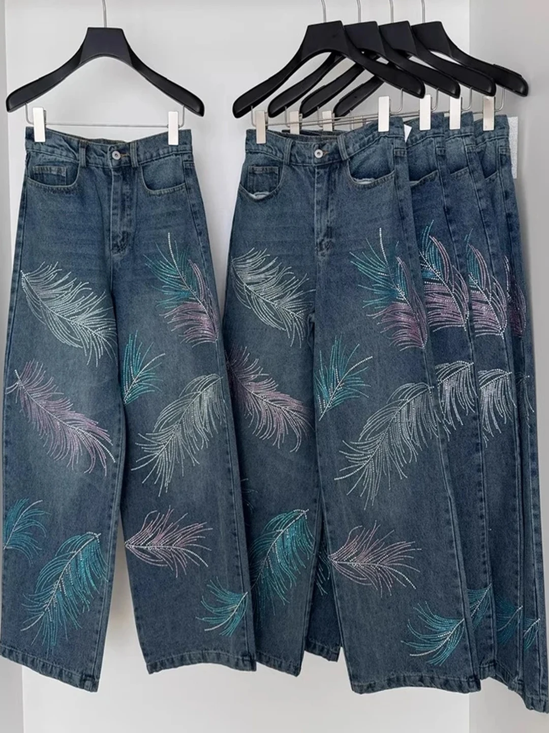 

Heavy Du Blue Jeans Wide Leg Pants Feathers Rhinestone Casual High Waist Zipper Denim Trousers for Women Summer Wear