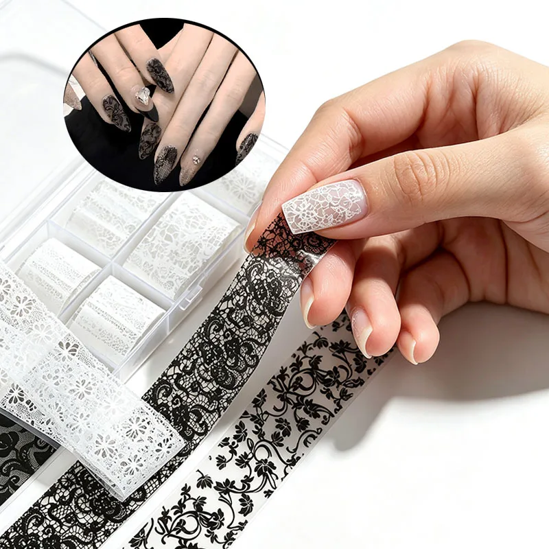 1/5Set 10Rolls 2.5*50cm Self Adhesive DIY Lace Transfer Foil Nail Art Wraps Black White Flower Stickers Manicure Tool Decoration