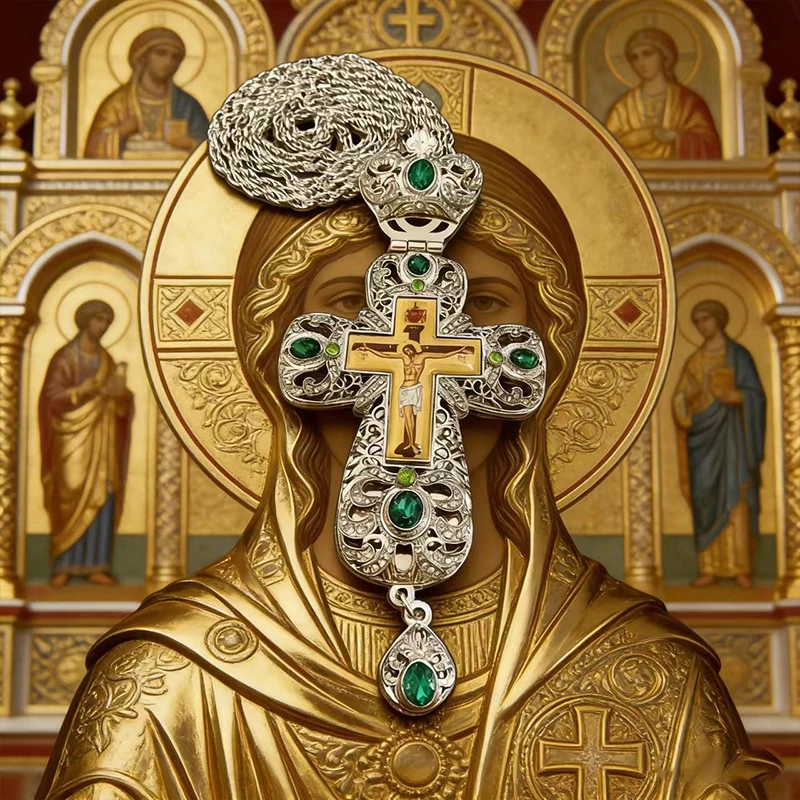 Neue 2026 Premium Zweifarbige Orthodoxe Kreuzkette mit Grünen Kristalldetails und Filigran-Verarbeitung für den täglichen spirituellen Gebrauch – Detail 6