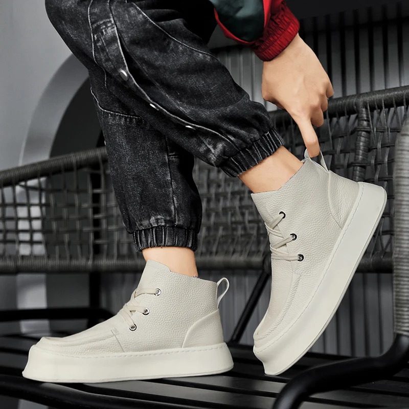 Autumn Men Ankle Boots High-top Soft Genuine Leather Sneakers Motorcycle Boots Tooling Boots Platform Skateboard Sports Shoes 44