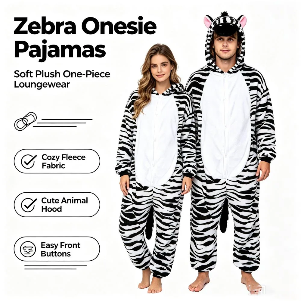 Zebra Onesie Pajamas for Adults Women Men Winter Warm Flannel Soft Pijamas Animals One Piece Hooded Jumpsuits Pyjamas Onesies