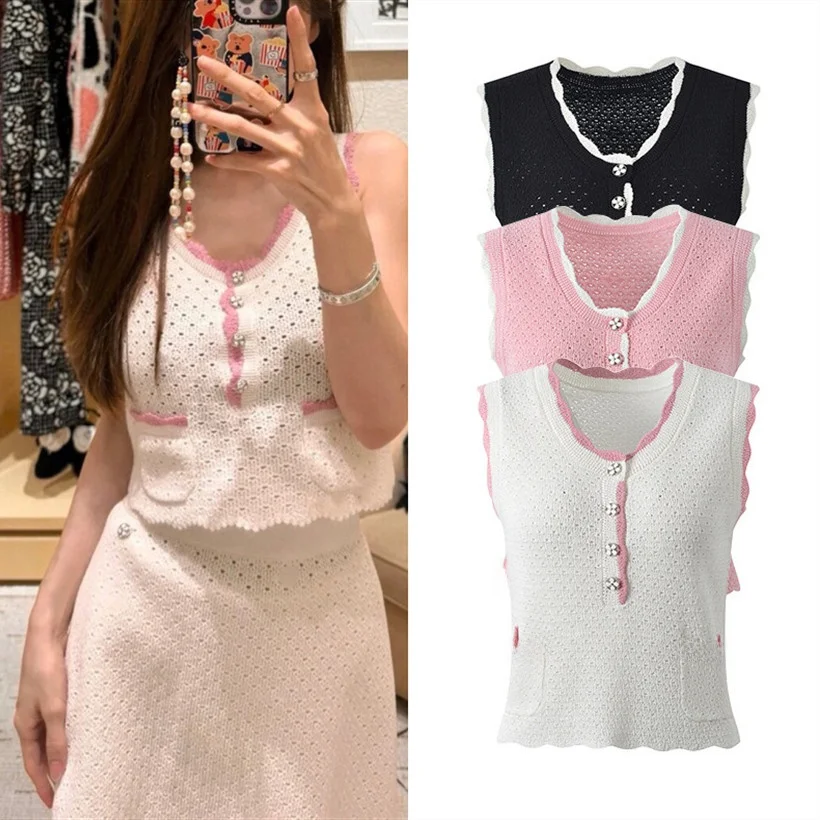 

High-End European Sle Women's Knitted Vest Heavy Embroidery Hollow out Color Blo Slimming Sweet Young Looking Top