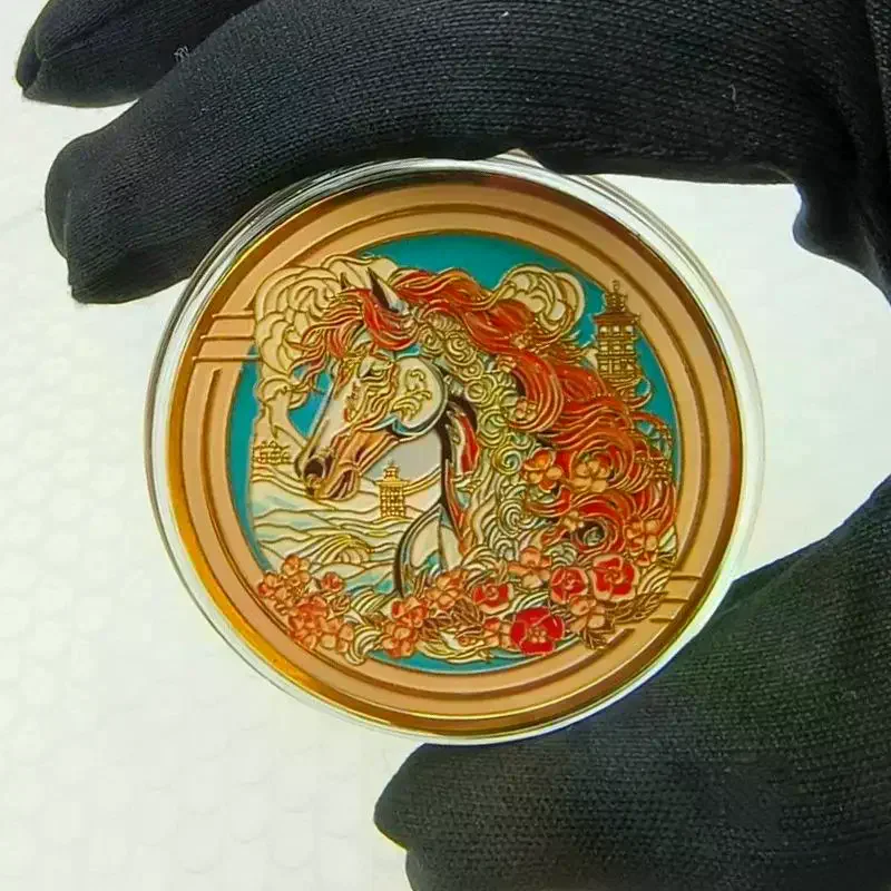 Colorful Zodiac Chinese Horse Souvenir Coin - Commemorative Lucky Challenge Coin for Collection Gift with Protective Case