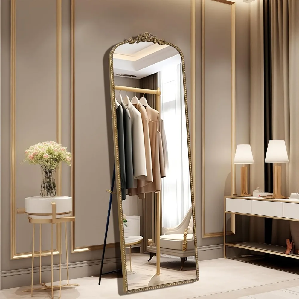 Vintage Gold Floor Mirror - 65''x22'' Full Length Tempered Glass Standing or Wall-Mounted Body Mirror