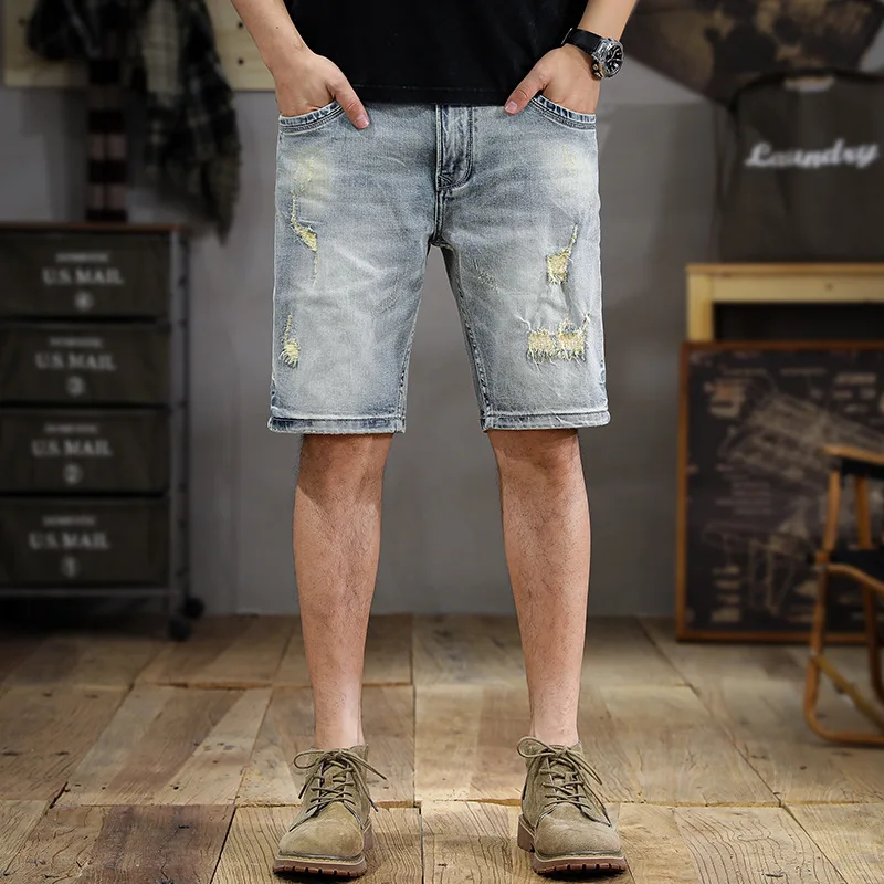 Retro Washed Scrape Men's Jeans Shorts Summer Matte White Slim-Fit Korean Style Ins Fashionable High-End Quality Straight Pants