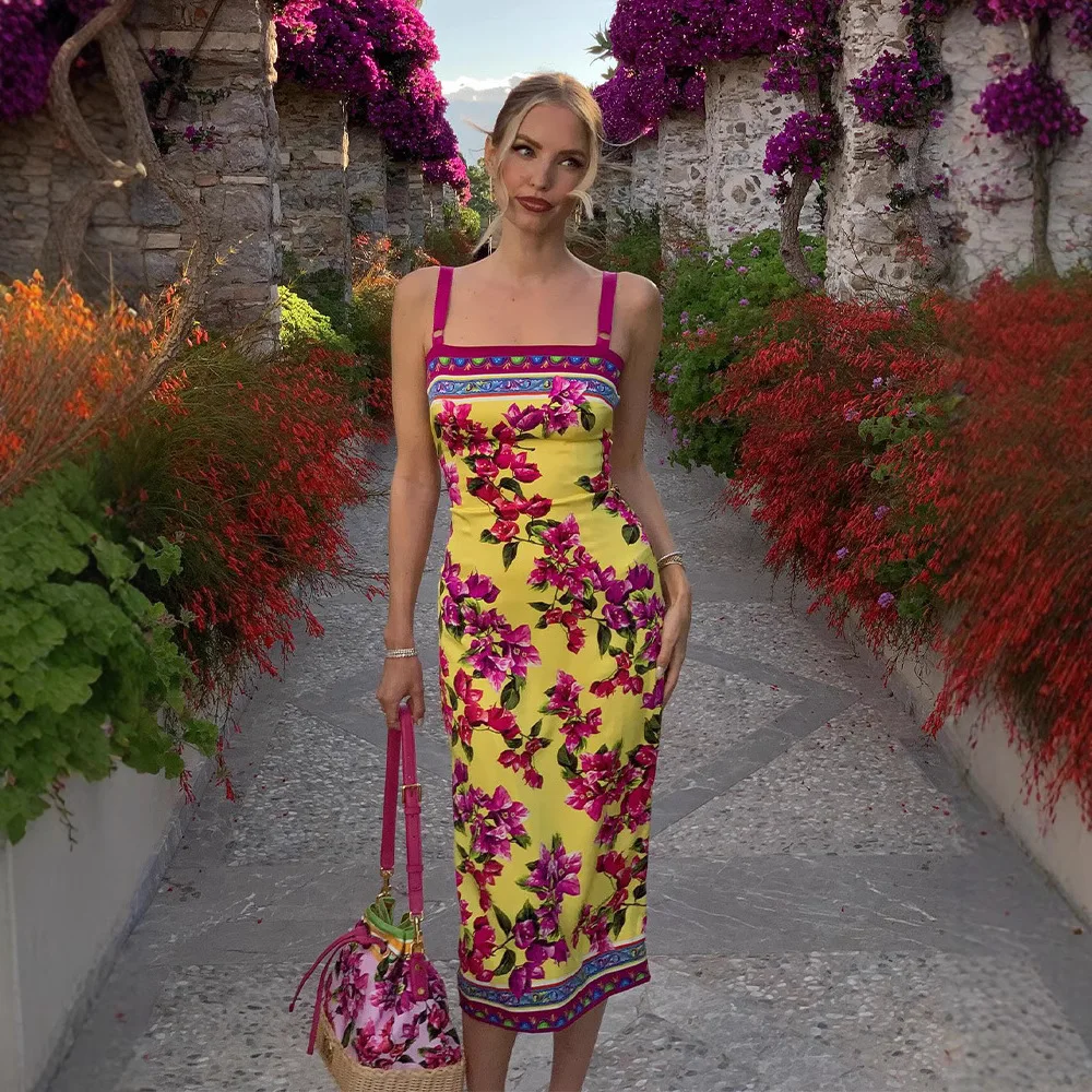 

2026 New Fashion Printed Slim Backless Dresses Women Summer Sexy And Elegant Ethnic Retro One-Neck Suspender Dress For Women