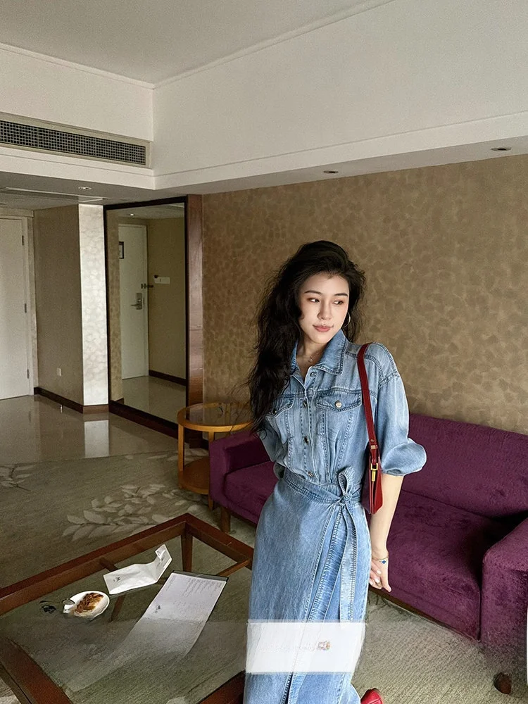 

Washed Denim Workwear Dress Waist-Cinching Collared Spring Fashion Set Casual Style Retro Hong Kong Aesthetic by Zhang Axi