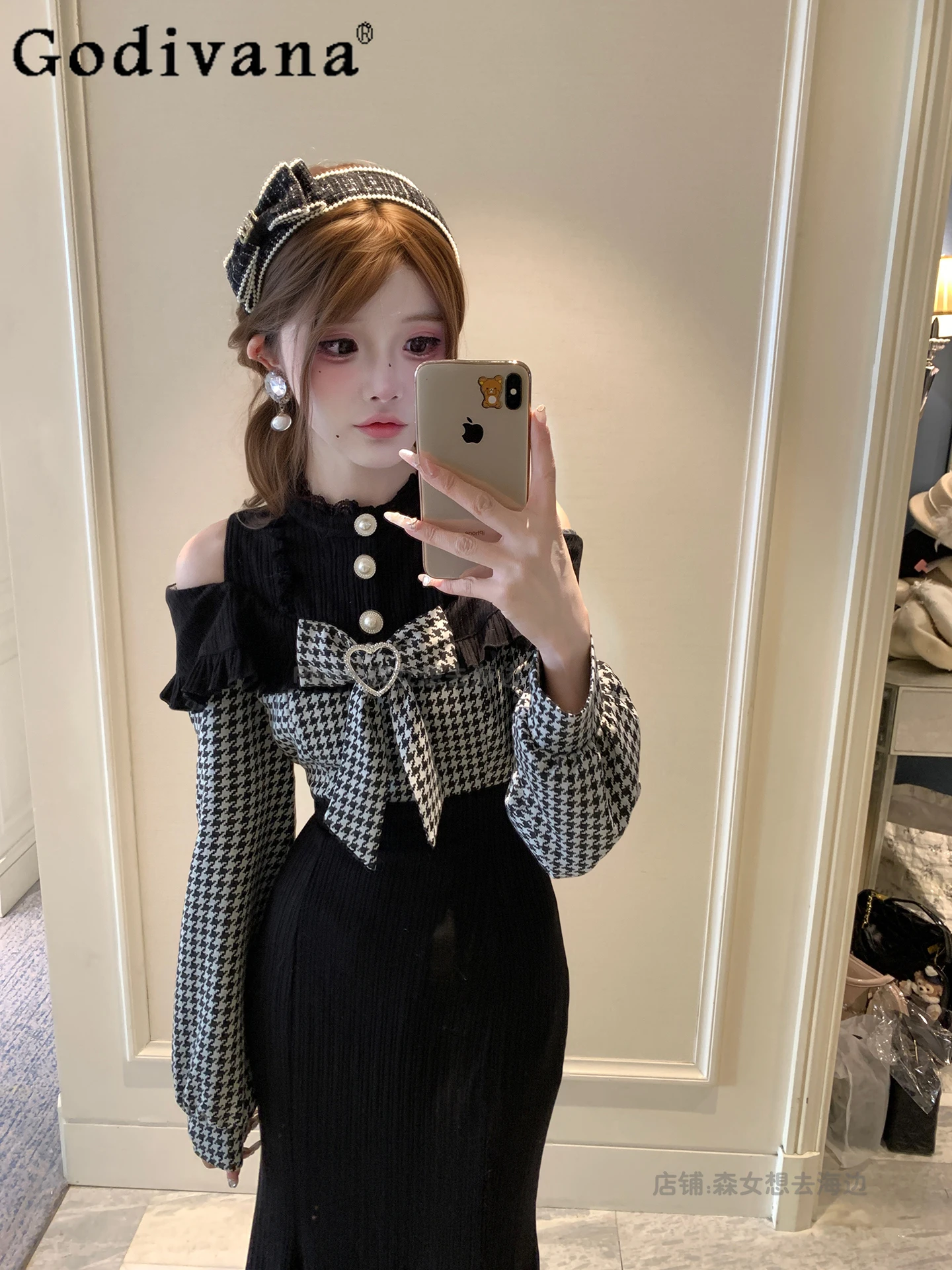 

Japanese Original Lolita Sweet Gentle Plaid Slim Dress Winter Thickened Warm Versatile Off-Shoulder Long Sleeve Dress for Women