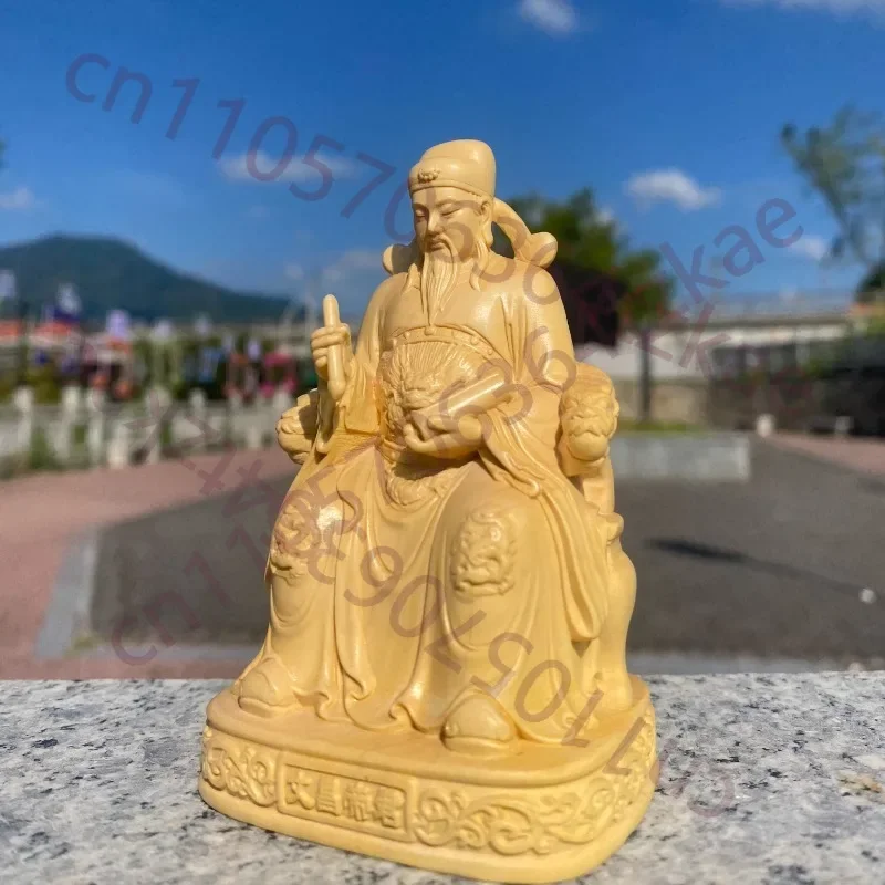Buxus Wood Emperor Wenchang Statue, Exquisite Carved Desktop Ornament, Home Decor for Study Room, Living Room, Collectible