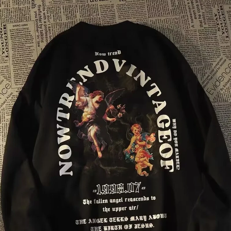 American Style Wing Print T-shirt Men Autumn 2025 New 100% Cotton Oversize Loose Long sleeves T-shirt Top Y2k Couple clothing