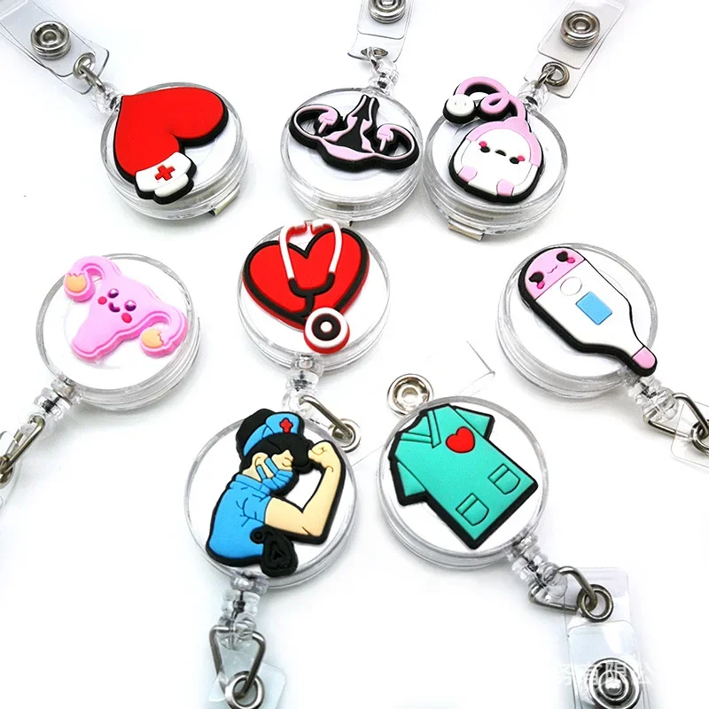 ID Tag Clip for Nurse Keychain Easy Pull Card Clips Retractable Medical Workers Badge Reel Cartoon Kawaii Reels