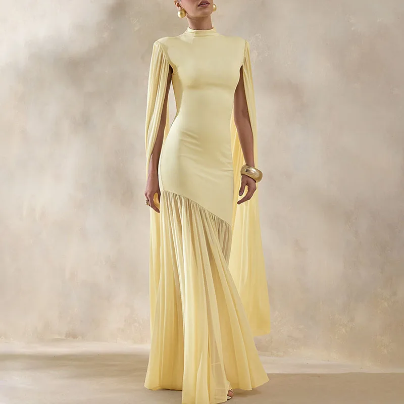 Vestido de Fiesta de Primavera Verano con Cuello Redondo y Manga Tipo Chal para Mujer, Vestido Tipo Túnica de Color Liso con Cintura Alta, Moda con Retazos y Ajuste Delgado
