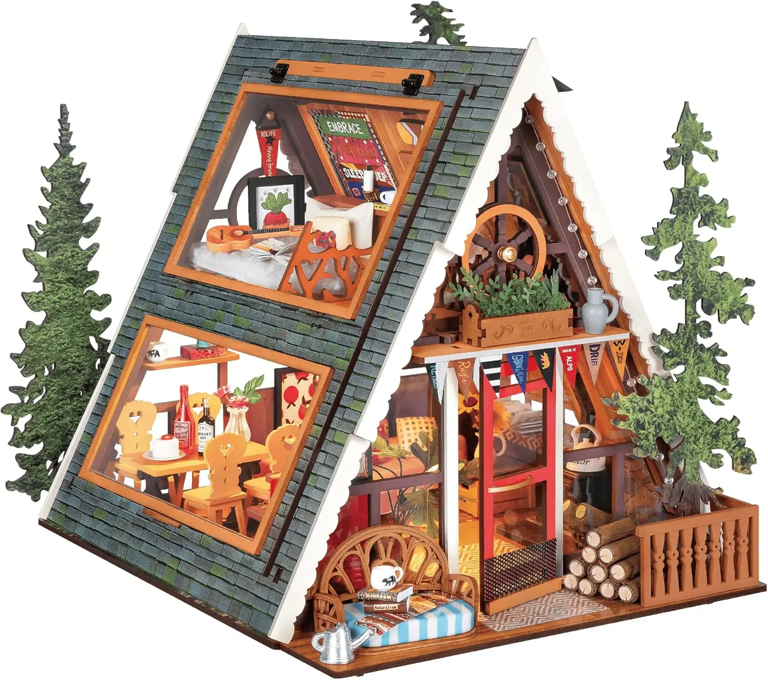 A-Frame Cabin Miniature House Kit with LED Lights | 1:18 Scale Forest Cabin Wooden 3D Puzzle Model Kit for Beginners, DIY Craft