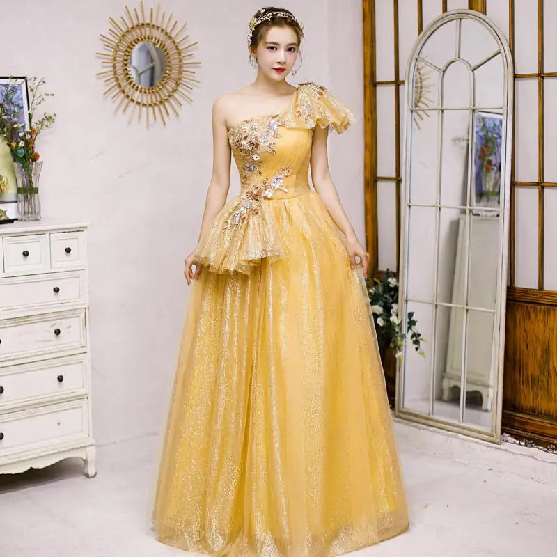 Vestido De quinceañera dorado De un hombro, elegante Vestido De Baile brillante, lentejuelas florales clásicas, talla grande