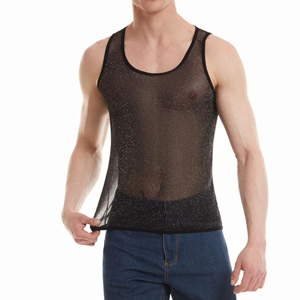 Mesh Workout Shirt For Men See Through Shine Design Fitness Tank Vest Enhances Muscle Crop Top Look Sleeveless And Round Neck