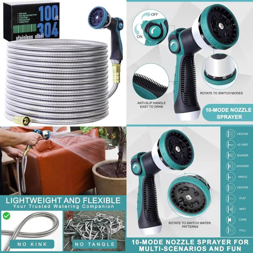 

Гибкий садовый шланг из нержавеющей стали 304, длина 100 футов, легкий, устойчивый к проколам, 10-режимный распылитель, конструкция без изгиба