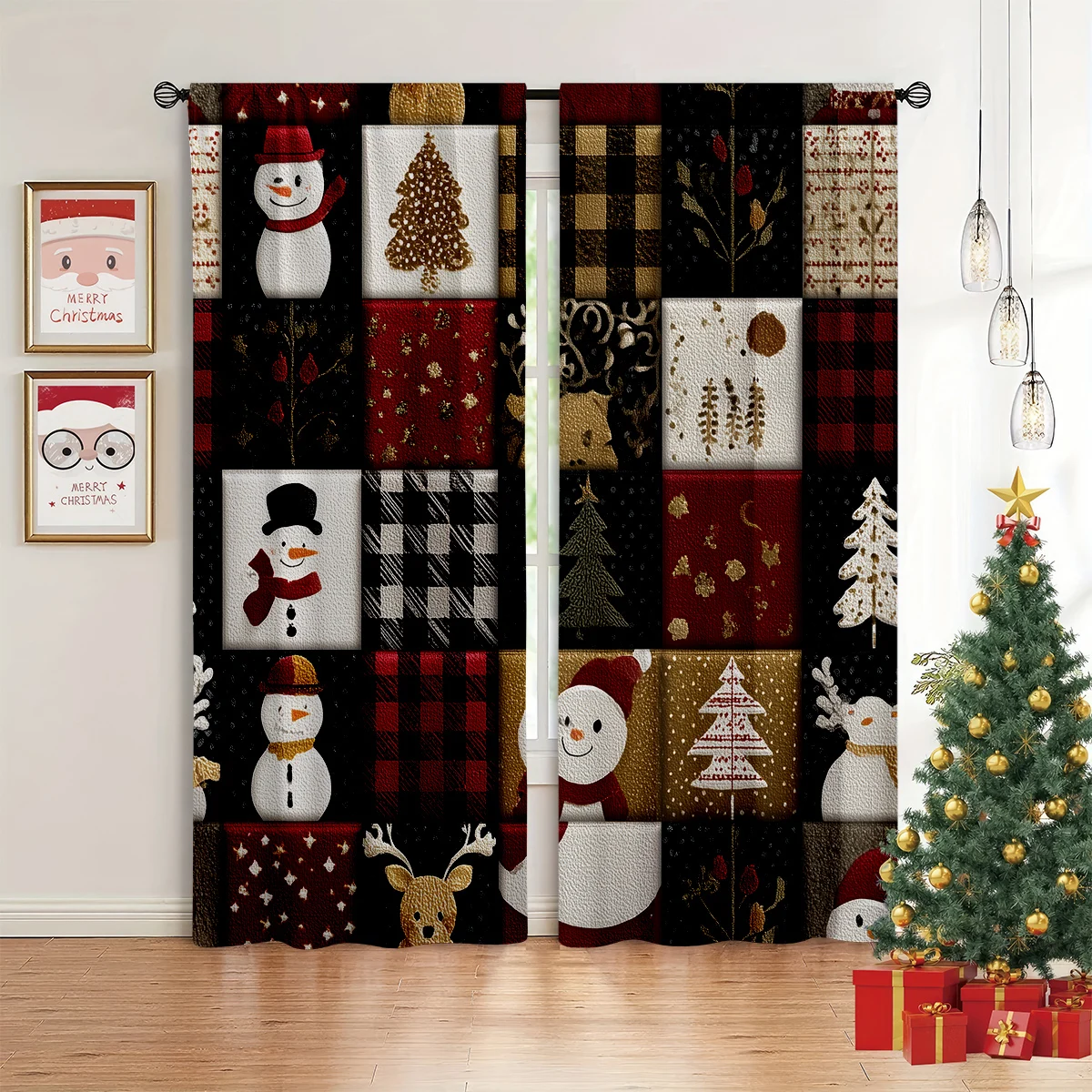 2pcs Christmas Decorative Curtains Featuring Vintage Plaid Prints Of Santa Claus And Snowmen; Festive Decorative Curtains.
