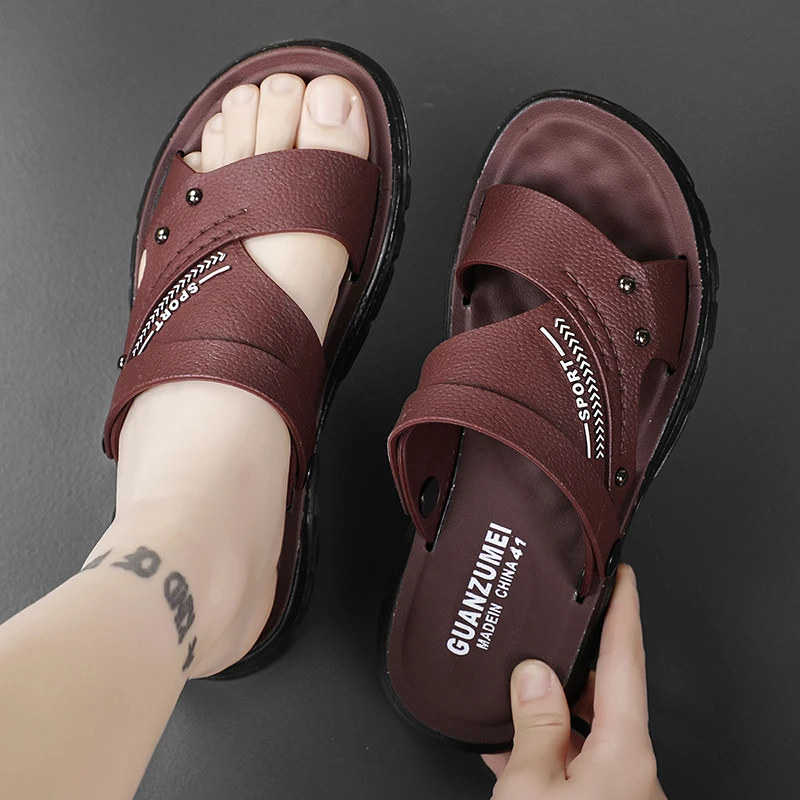 

Летние универсальные пляжные шлепанцы из натуральной кожи: повседневная дышащая нескользящая обувь для прогулок на улице