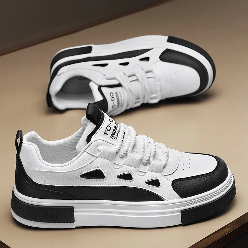 

Men's Ultra-fine Leather Thick-soled Flat-heeled Low-top Round-toed Lace-up Large-sized Color-matched Daily Sports Sneakers