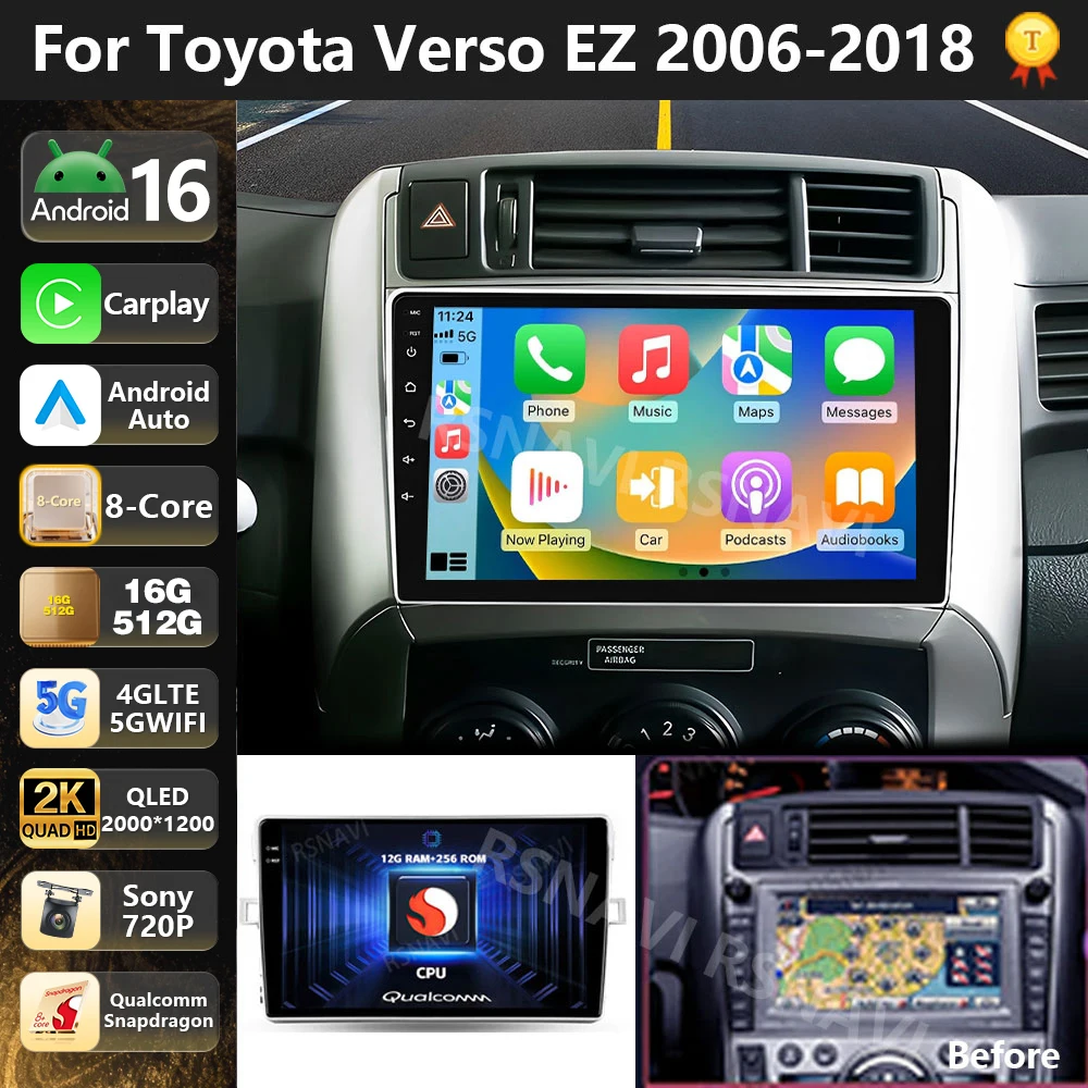 Qualcomm Android 16 Carplay Auto Car Radio For Toyota Verso R20 2010 - 2016 Multimedia Player GPS Navigation Head Unit 2din DSP