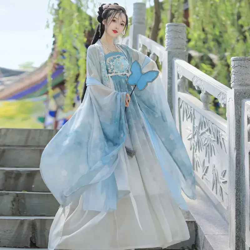 

25 винтажное женское традиционное китайское платье Hanfu для сценических танцев, женский костюм феи для косплея, комплект Hanfu, синие элегантные наряды принцессы