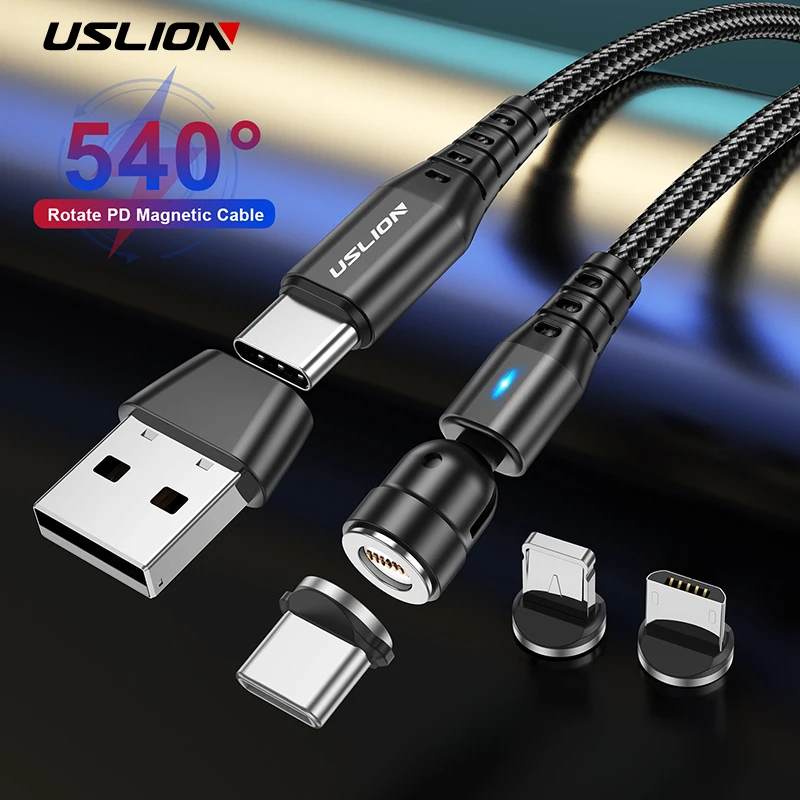 USLION PD 60W 5A Magnetic Cable Fast Charge Quick 4.0 For iPhone 15 14 Pro Max Xiaomi 13 540 Rotate Type C To Type C Data Wire