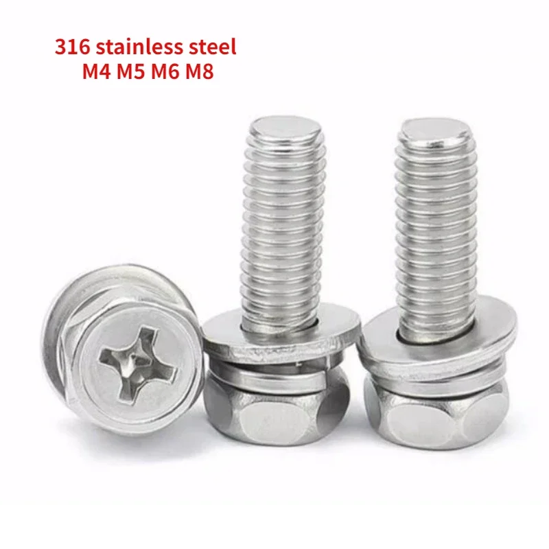 

10/20/50pcs M4 M5 M6 M8 316 Stainless Steel Cross Hexagonal Triple Combination Screw and Concave Combination Bolt