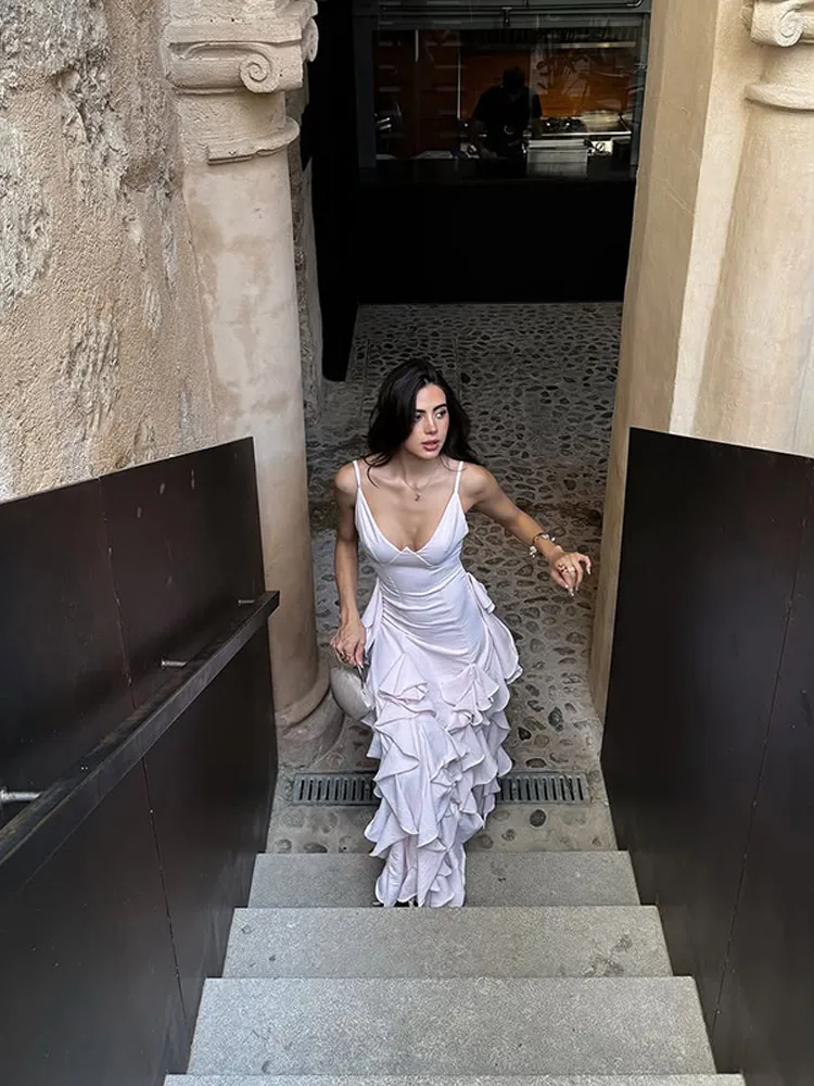 Lightpink cetim plissado maxi vestido feminino decote profundo sem mangas sereia cabido robe 2025 novo verão jardim festa senhora vestidos