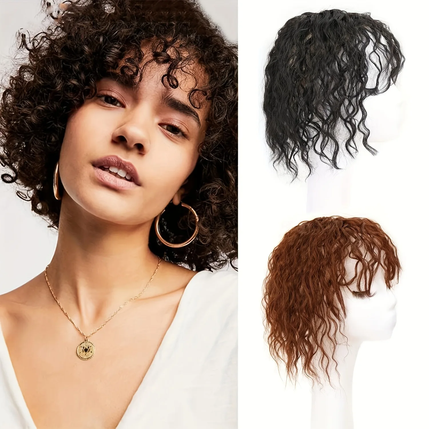 Short bob wig with bangs, wave pattern, thin top hairpiece for covering white hair, synthetic wig piece