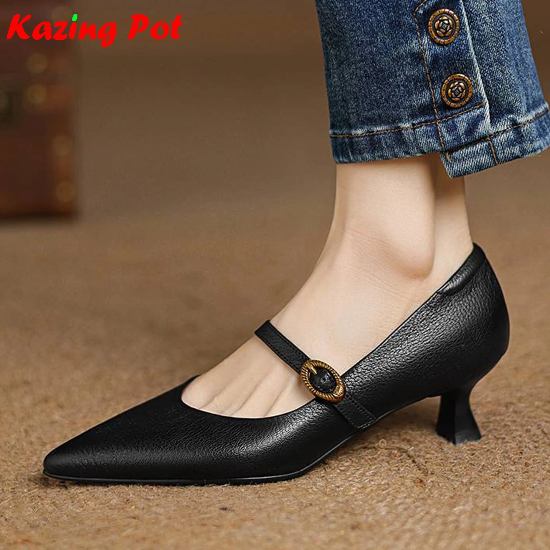 

Krazing Pot Sheepskin Pointed Toe Stiletto Med Heels Buckle Straps Modern Shoes Mary Janes Vintage Women Size 43 Shallow Pumps