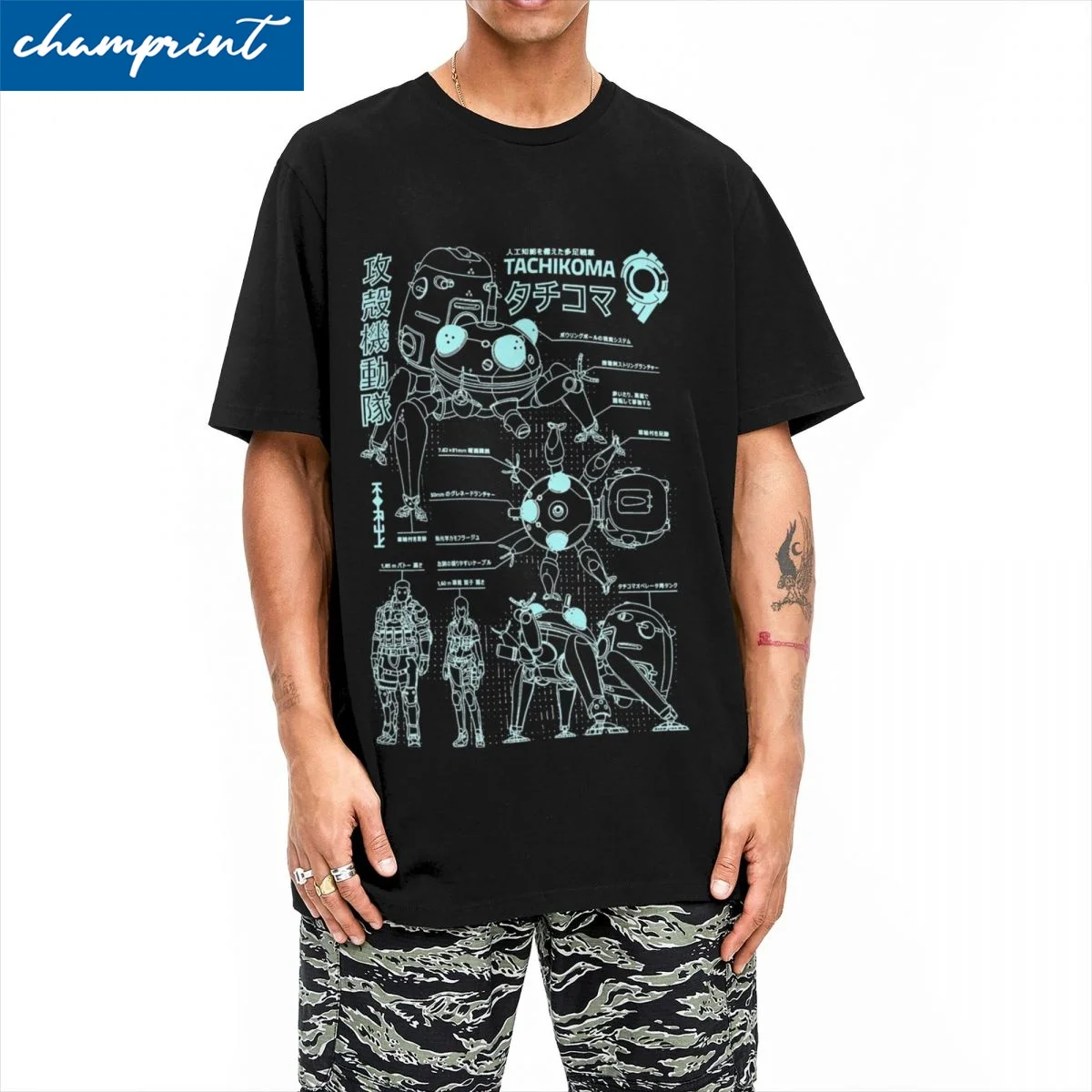 Printed Tachikoma Blueprint Ghost In The Shell T Shirt Men's Cotton Short Sleeve O-neck Summer Top Tee