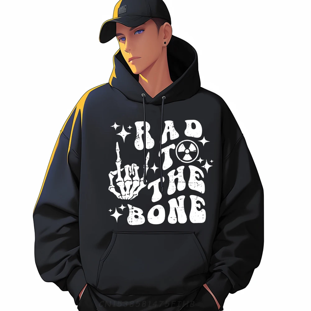 Rad To The Bone Funny Skeleton Rock Hand Halloween Tech Xray Sweatshirts Graphic Tee Polyester Hoodie Men Printed On