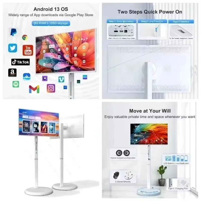 32 Inch Android 13 Portable Smart TV with Built-In Battery and Wheels for Home Study Business, 8+128G 1080P