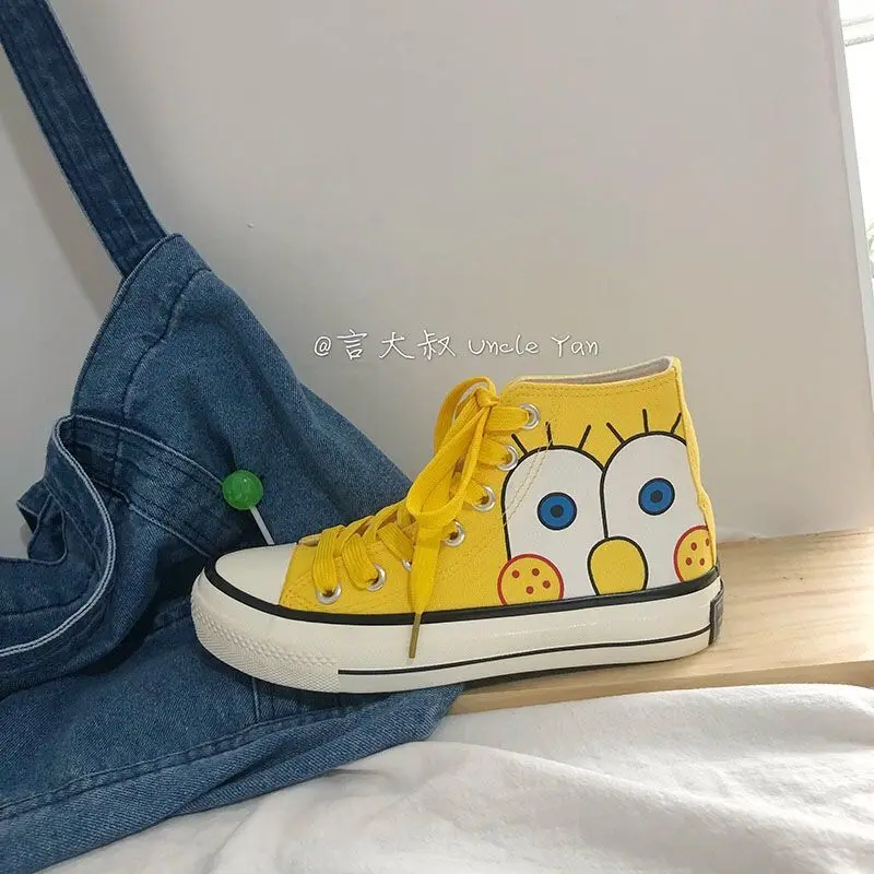 SpongeBob SquarePants plus size Hand Painted High Top Canvas For Women 2024 New Korean Versatile Student Board men shoes