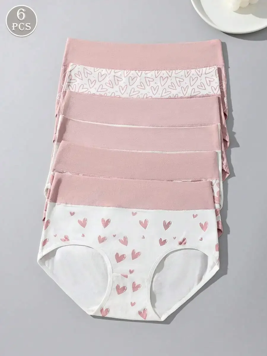 

6-Pack Womens High Waist Cotton Briefs With Pink Heart Print Comfortable Daily Underwear